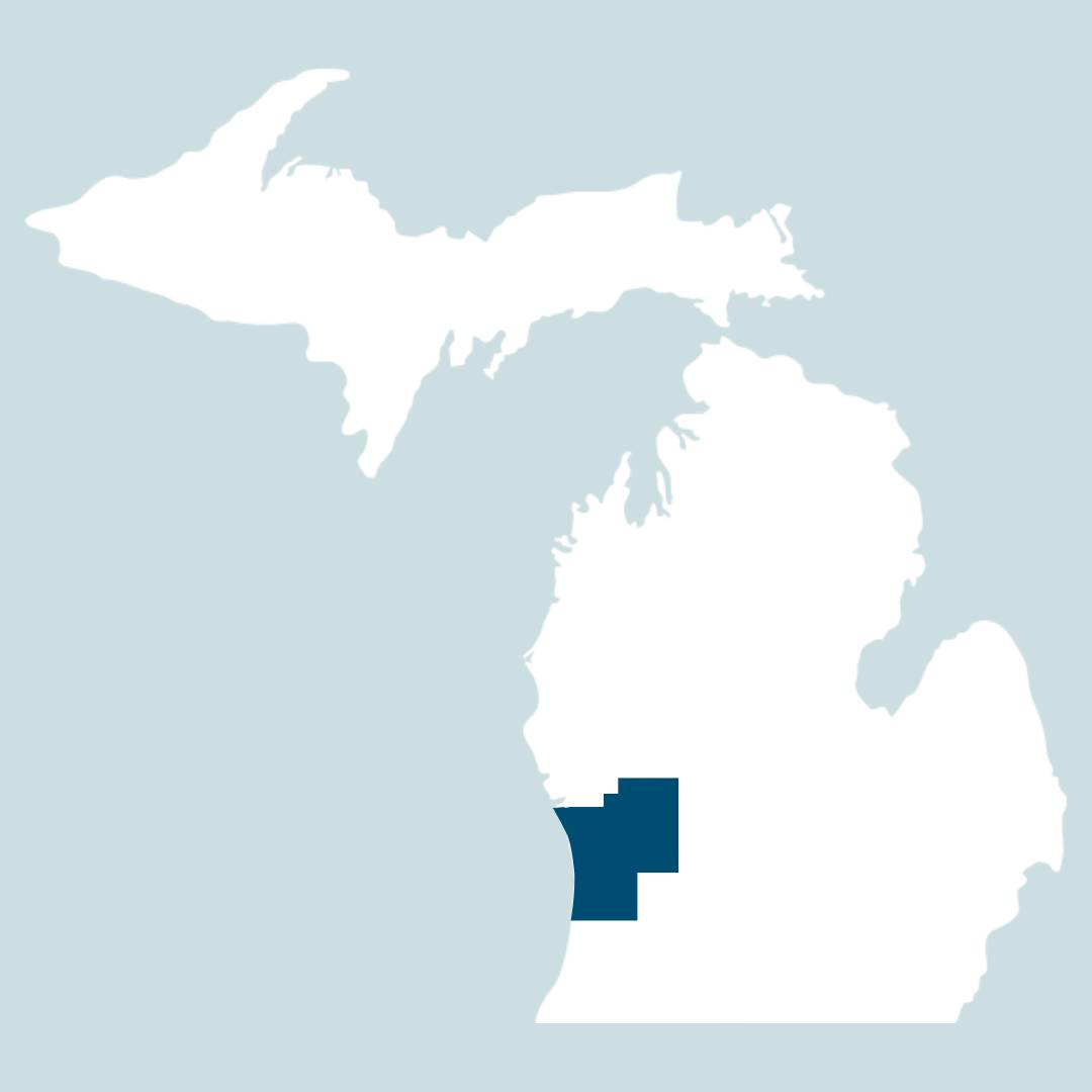 Michigan map, with Kent, Ottawa, and Allegan counties highlighted